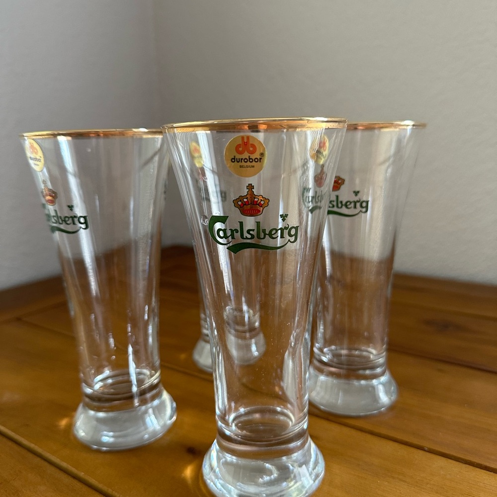 Vintage Carlsberg Beer Glasses Set of 4 by Durobor Belgium with Gold Rim Barware